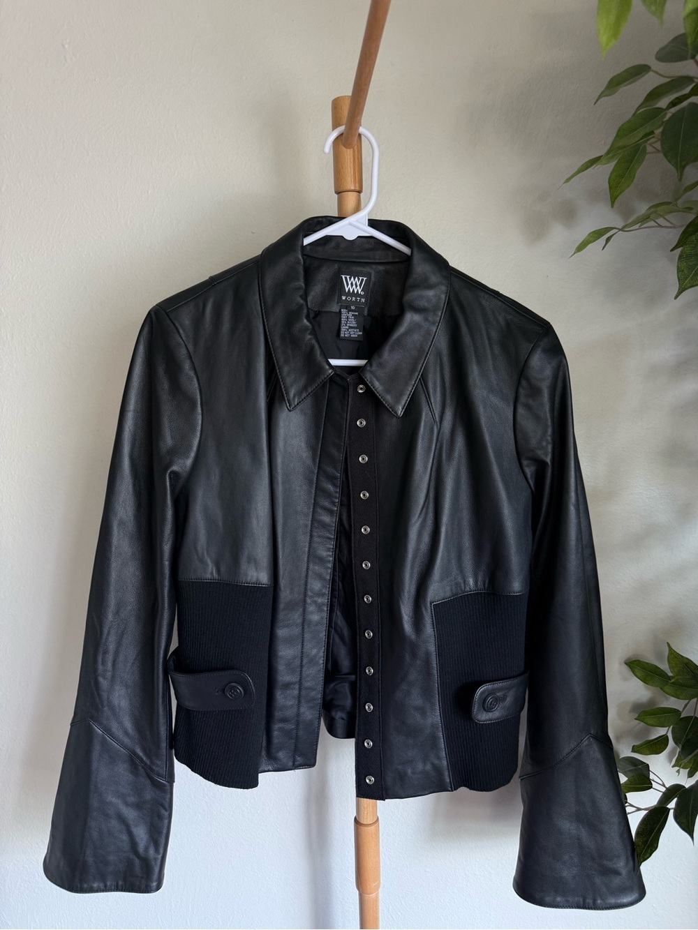 Worth Black 100% Genuine Leather Collared Button Up Biker Jacket Women’s Size 10